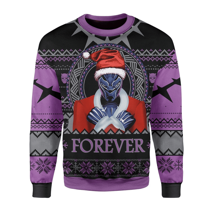 Black Panther Marvel Santa Wakanda Forever Black Purple Ugly Christmas Sweater