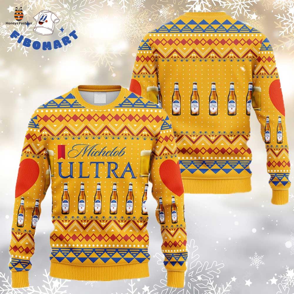 Michelob Ultra Beer Bottle Yellow Pattern Ugly Christmas Sweater