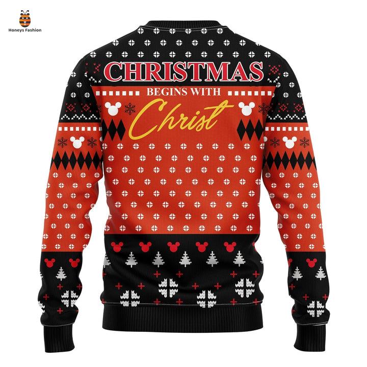 Disney Begins With Christ Mickey Mouse Black Red Ugly Christmas Sweater
