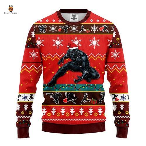 Black Panther Pose Pattern Red Ugly Christmas Sweater
