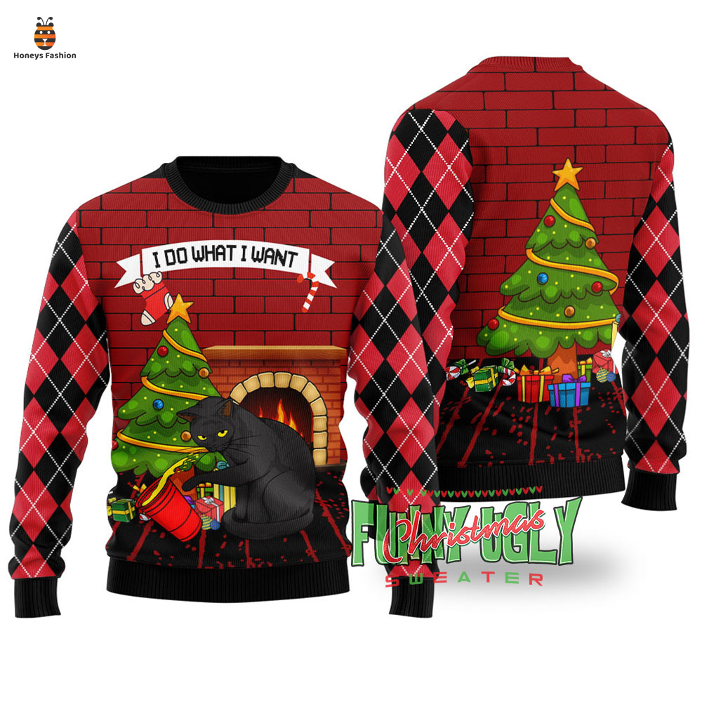 Mischievous Black Cat I Do What I Want Ugly Christmas Sweater