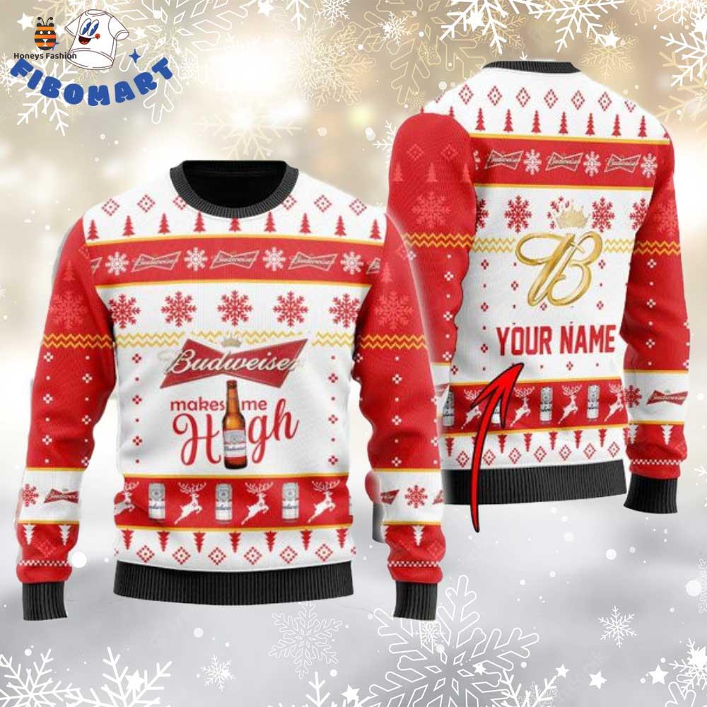 Budweiser Makes Me High Custom Name Red Pattern Ugly Christmas Sweater