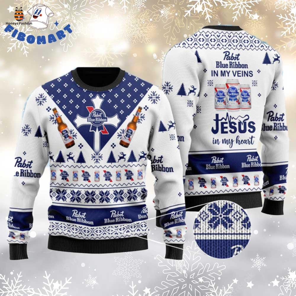 Pabst Blue Ribbon Jesus In My Heart Ugly Christmas Sweater