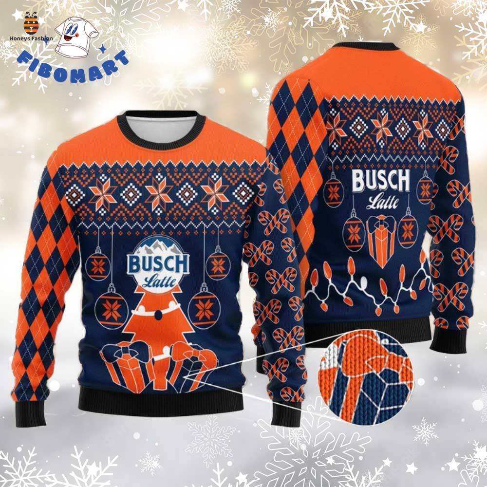Busch Latte Christmas Tree Orange Pattern Snowflake Ugly Christmas Sweater