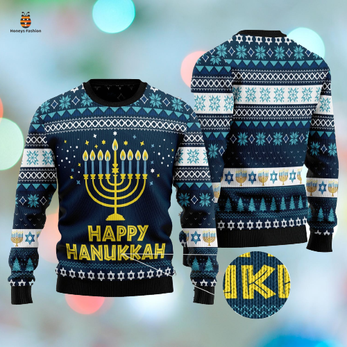 Gifury Happy Hanukkah Candles White Blue Ugly Christmas Sweater