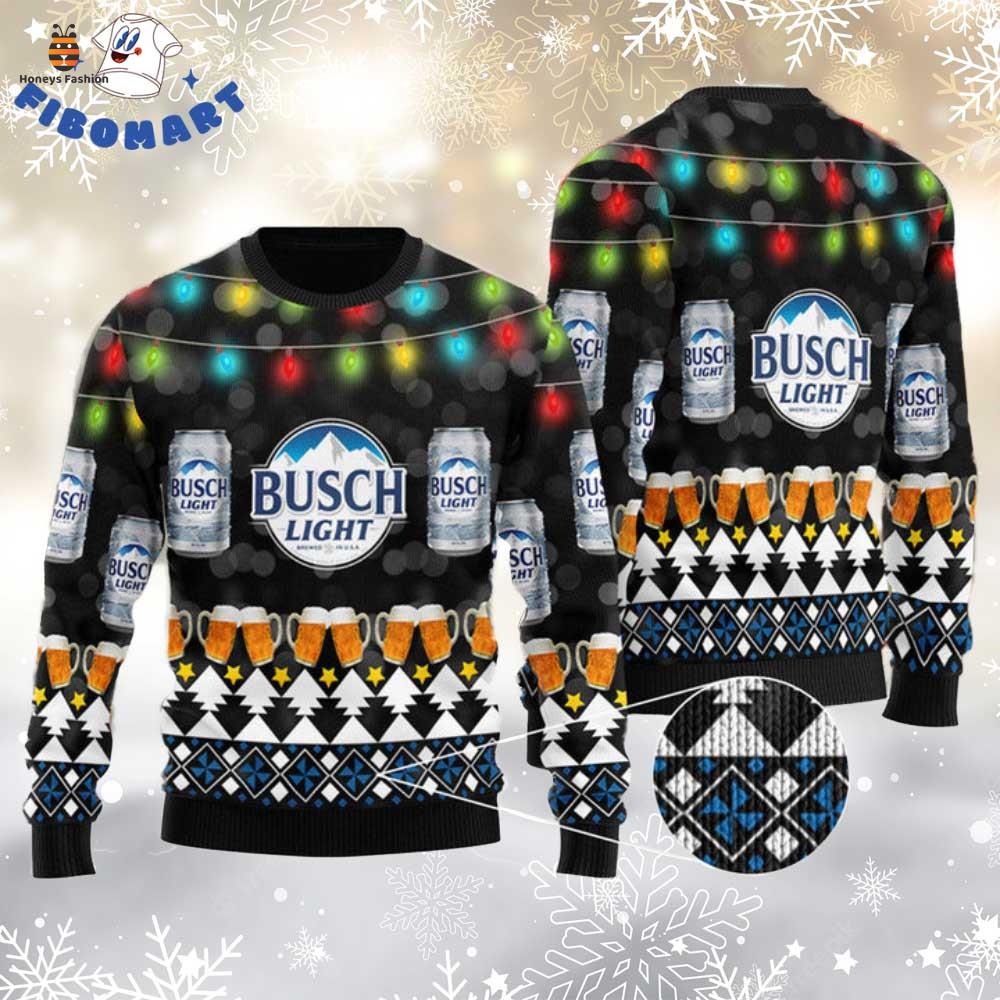 Busch Light Beer Christmas Light Black Pattern Ugly Christmas Sweater