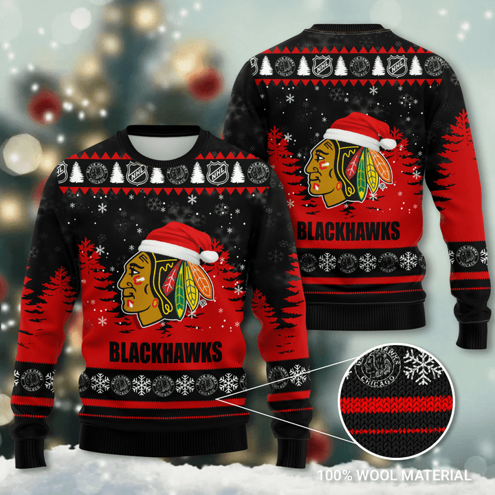 Chicago Blackhawks Santa Hat Snowflake Ugly Christmas Sweater