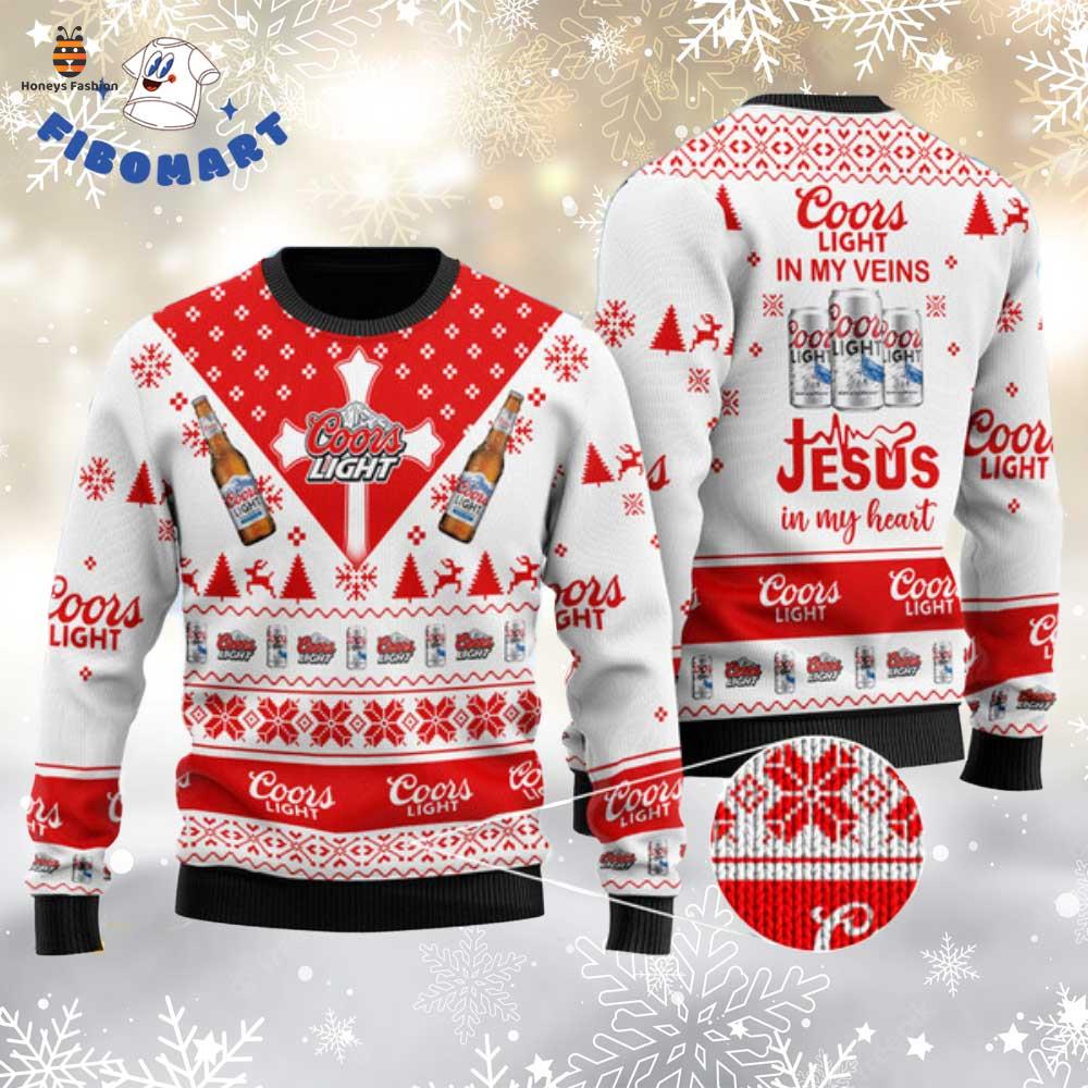 Coors Light Jesus In My Heart Red Pattern Snowflake Ugly Christmas Sweater