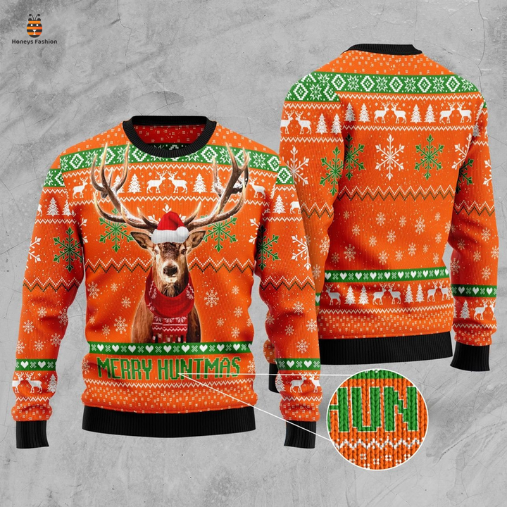 Gifury Hunting Merry Huntmas Deer Pattern Orange Ugly Christmas Sweater