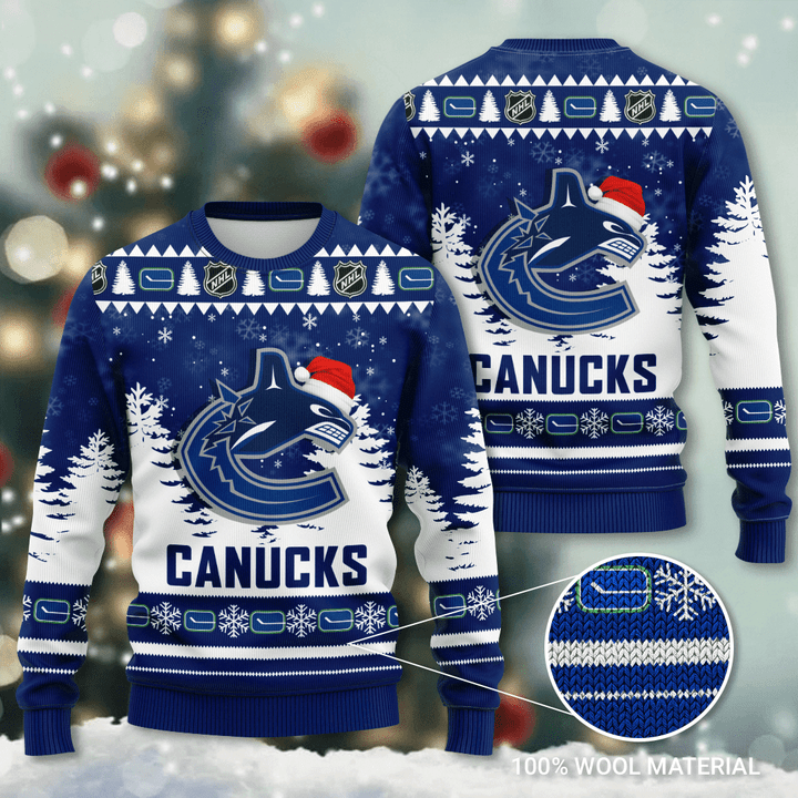Vancouver Canucks Santa Hat Snowflake Ugly Christmas Sweater