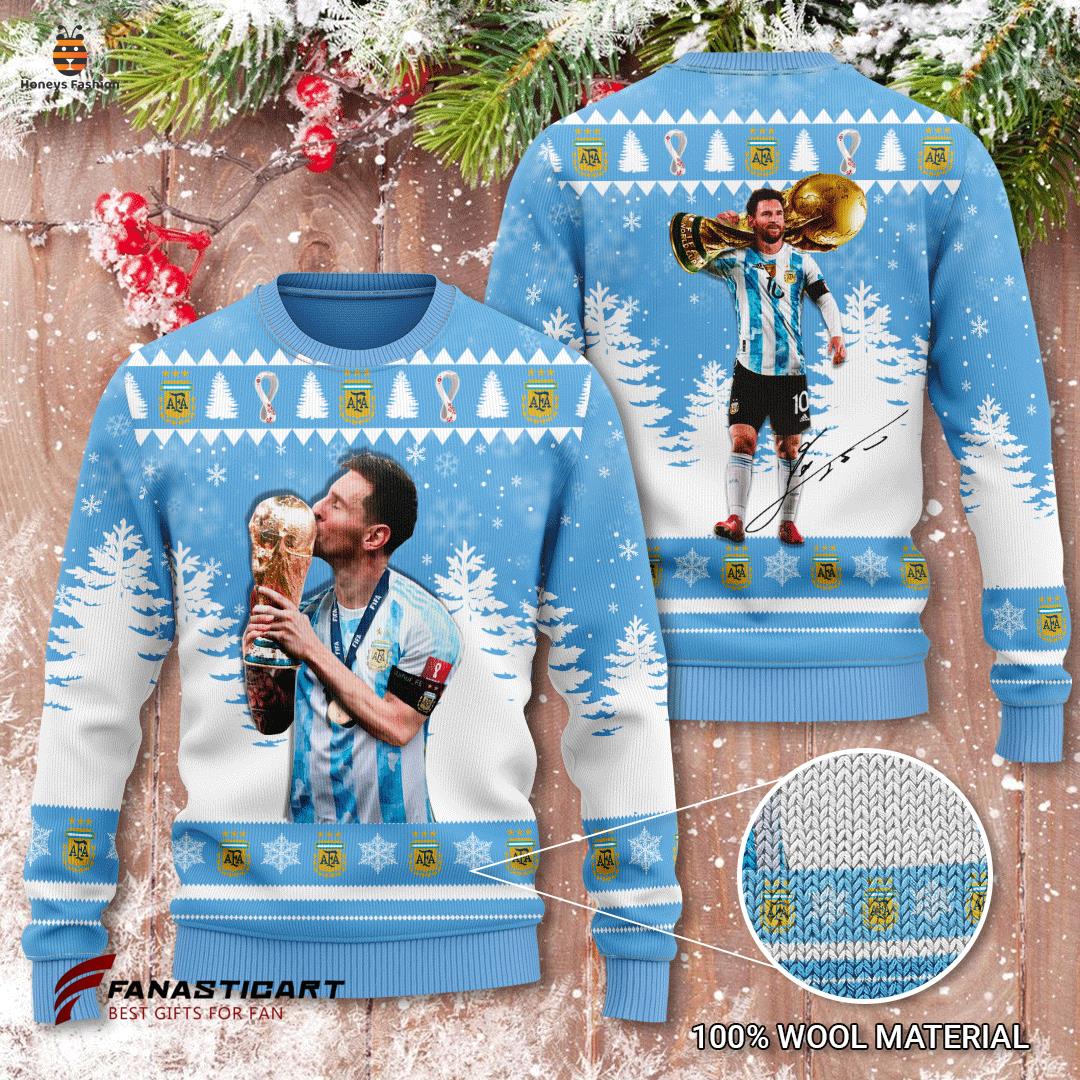 Lionel Messi Snowflake Pine Tree World Cup Champion Ugly Sweater