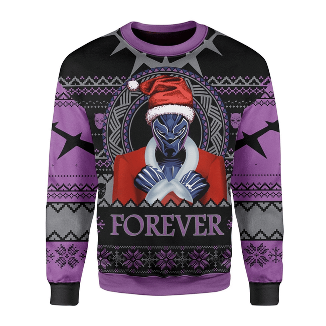 Black Panther Santa Wakanda Forever Black Purple Christmas Ugly Sweater