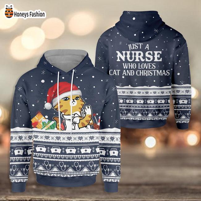 Cat Santa Hat Just A Nurse Who Loves Cat And Christmas Hoodie T-shirt