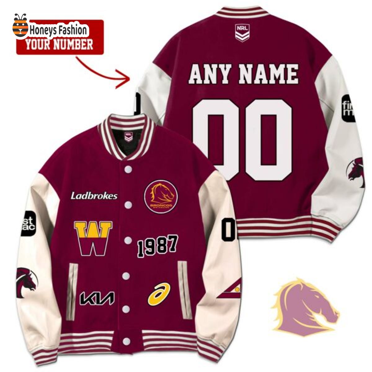 Brisbane Broncos Lad Brokes Custom Name Rugby Baseball Jacket