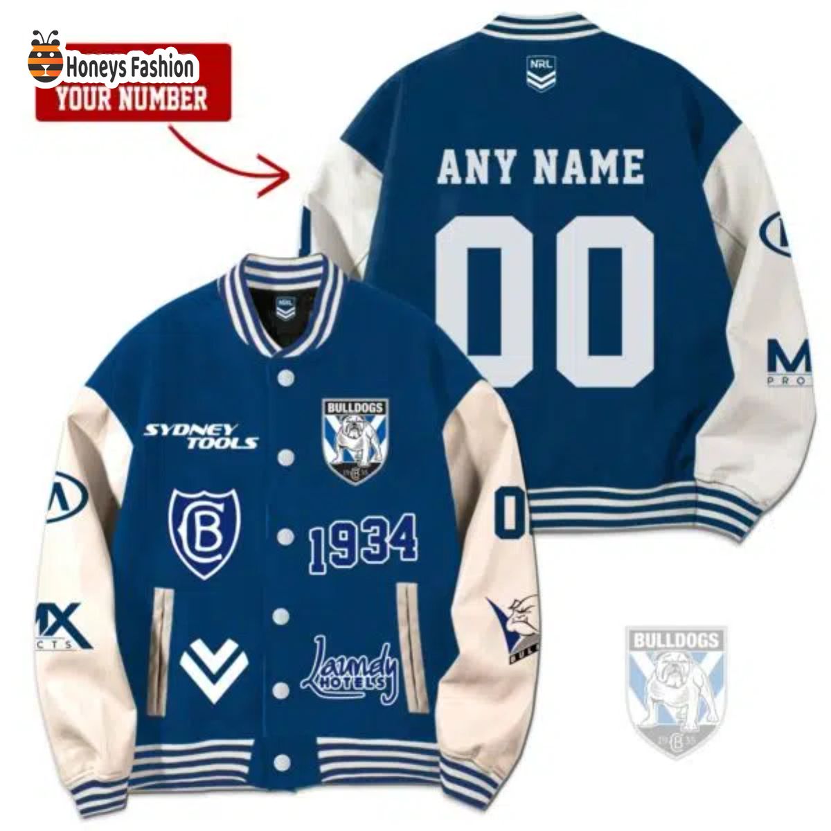 Canterbury Bulldogs Custom Name Rugby Baseball Jacket