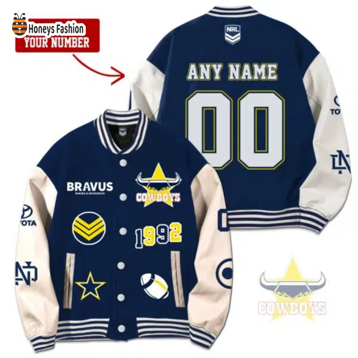 North Queensland Cowboys Custom Name Rugby Baseball Jacket