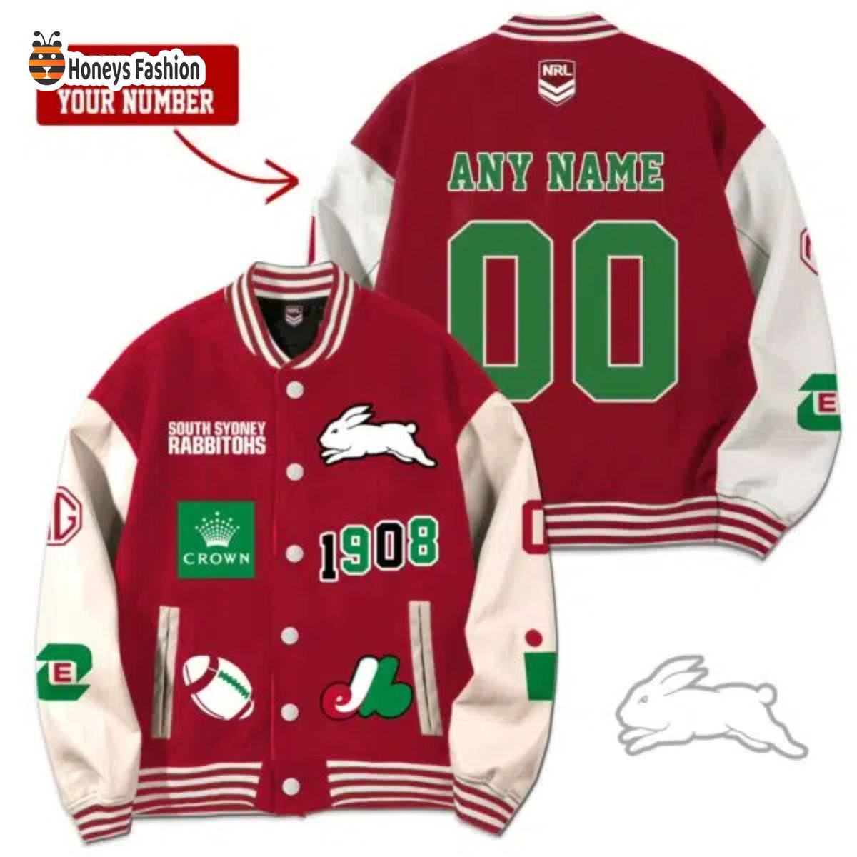 South Sydney Rabbitohs Custom Name Rugby Baseball Jacket
