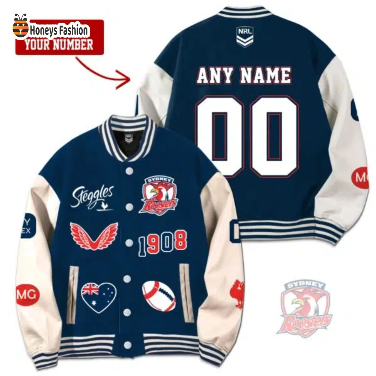 Sydney Roosters Custom Name Rugby Baseball Jacket