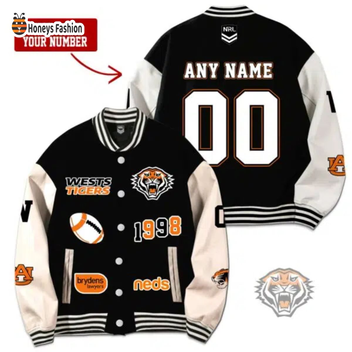 Wests Tigers Custom Name Rugby Baseball Jacket