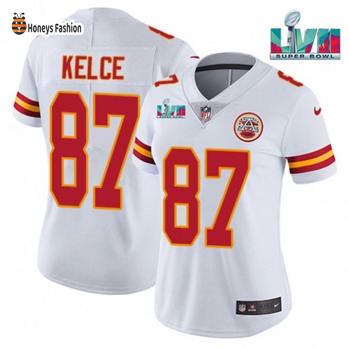 Women’s Kansas City Chiefs 87 Travis Kelce White Super Bolw LVII Game Jersey