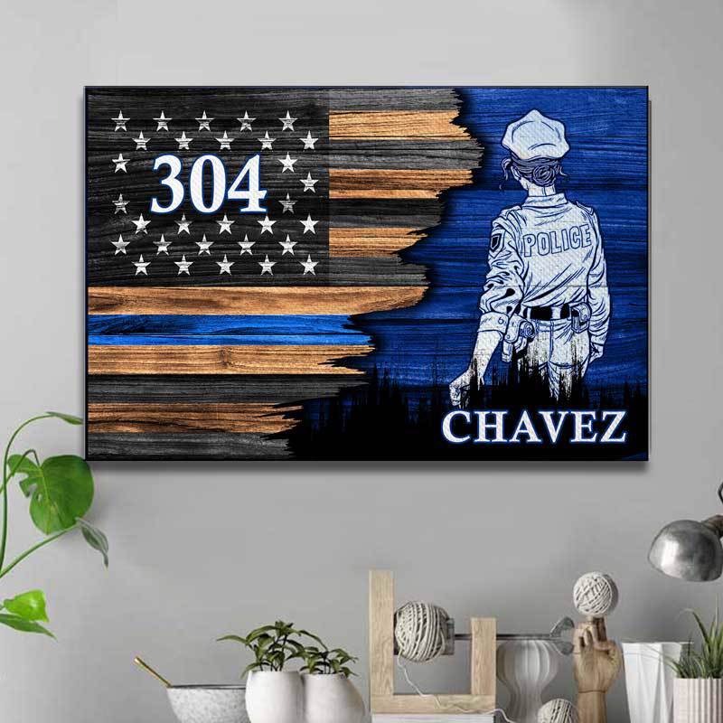 Female Police Officer Suit Thin Blue Line Half Flag Canvas