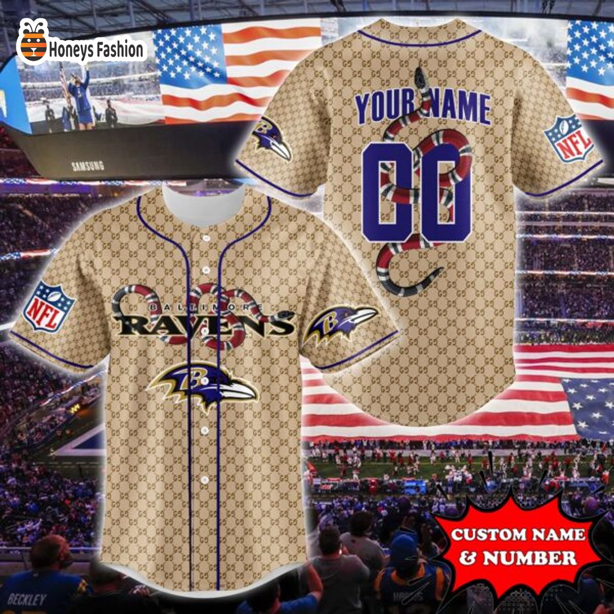 Baltimore Ravens NFL Gucci Custom Name And Number Baseball Jersey
