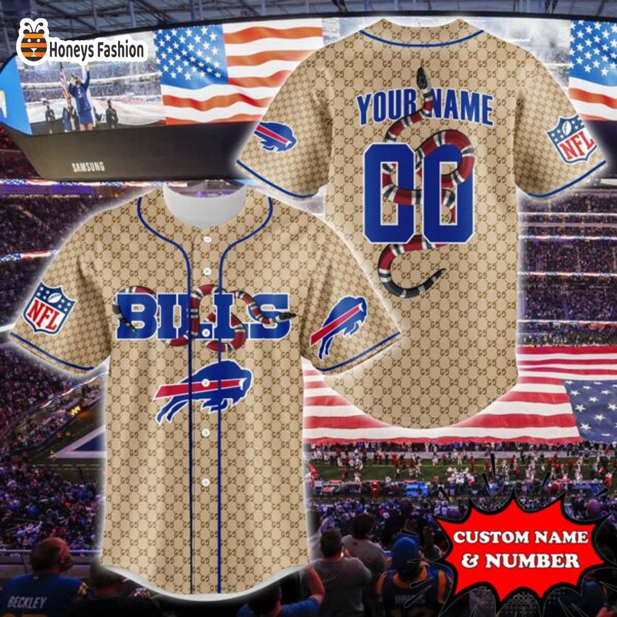 Buffalo Bills NFL Gucci Custom Name And Number Baseball Jersey