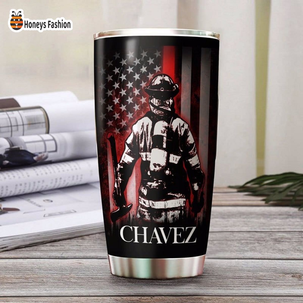 Chavez Firefighter Bunker Gear Thin Red Line Flag Personalized Tumbler