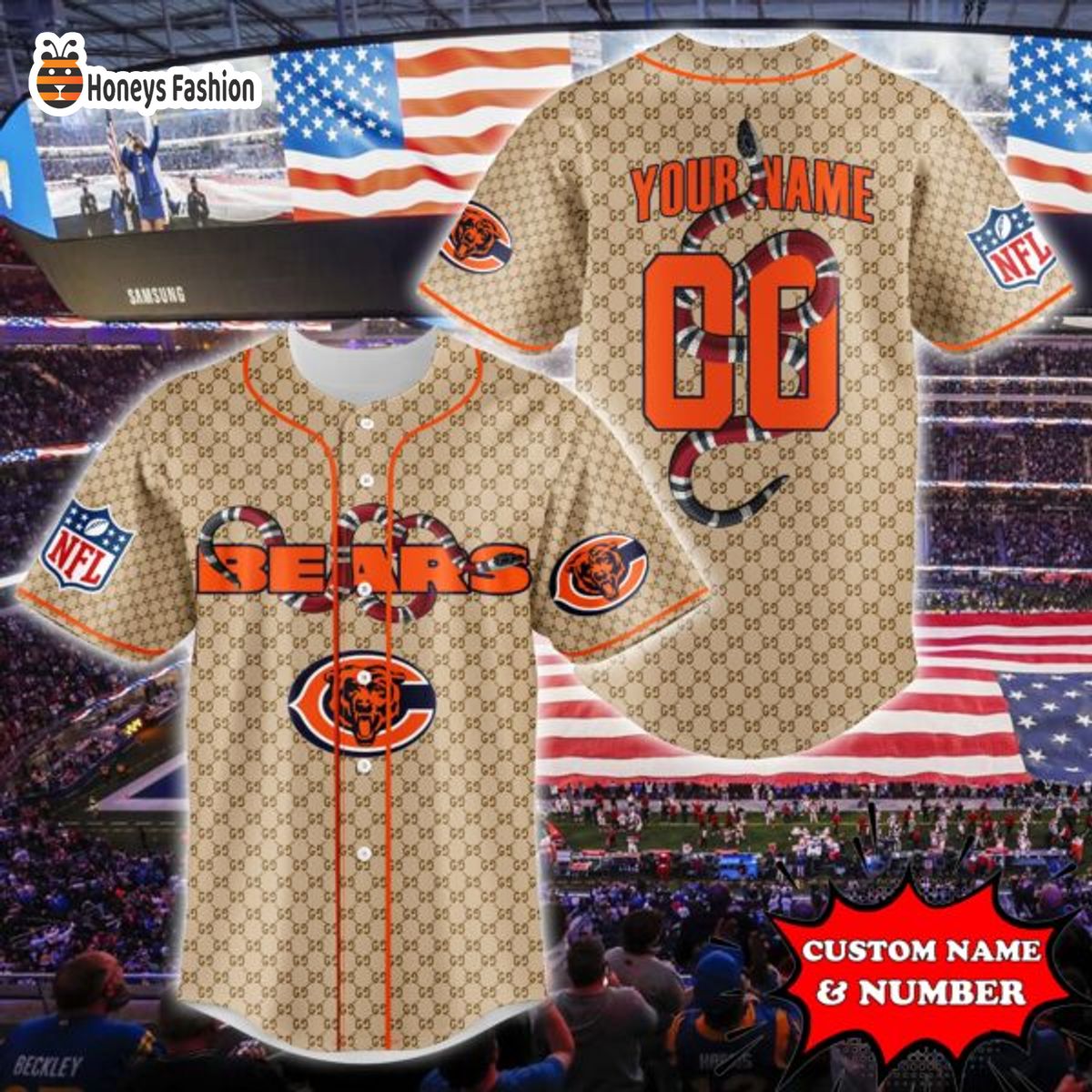 Chicago Bears NFL Gucci Custom Name And Number Baseball Jersey