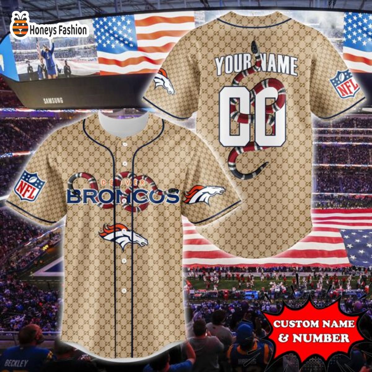 Denver Broncos NFL Gucci Custom Name And Number Baseball Jersey