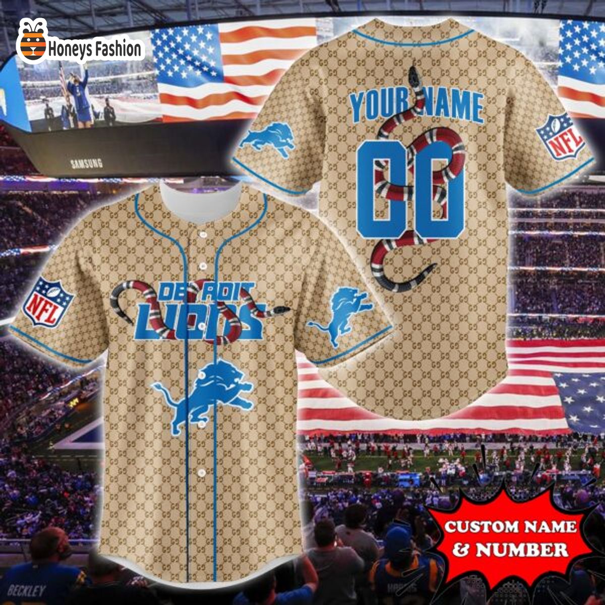 Detroit Lions NFL Gucci Custom Name And Number Baseball Jersey