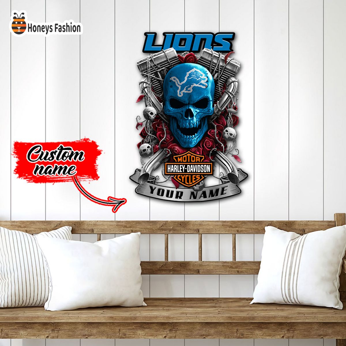 Detroit Lions Skull Harley Davidson Custom Name Metal sign