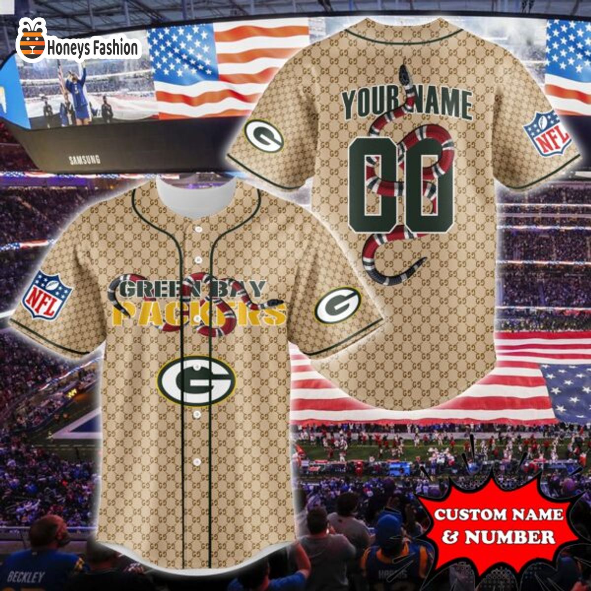 Green Bay Packers NFL Gucci Custom Name And Number Baseball Jersey