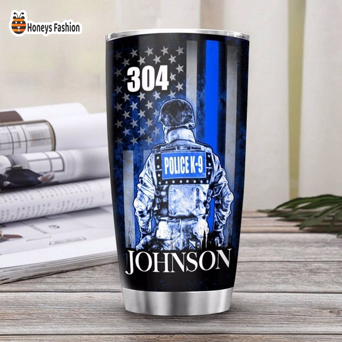 Johnson Police K9 Suit Thin Blue Line Flag Personalized Tumbler