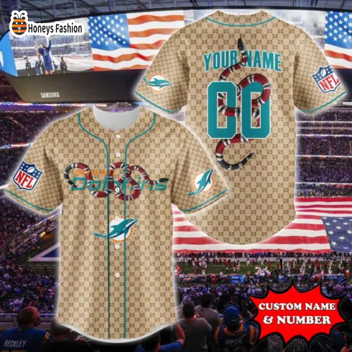 Miami Dolphins NFL Gucci Custom Name And Number Baseball Jersey