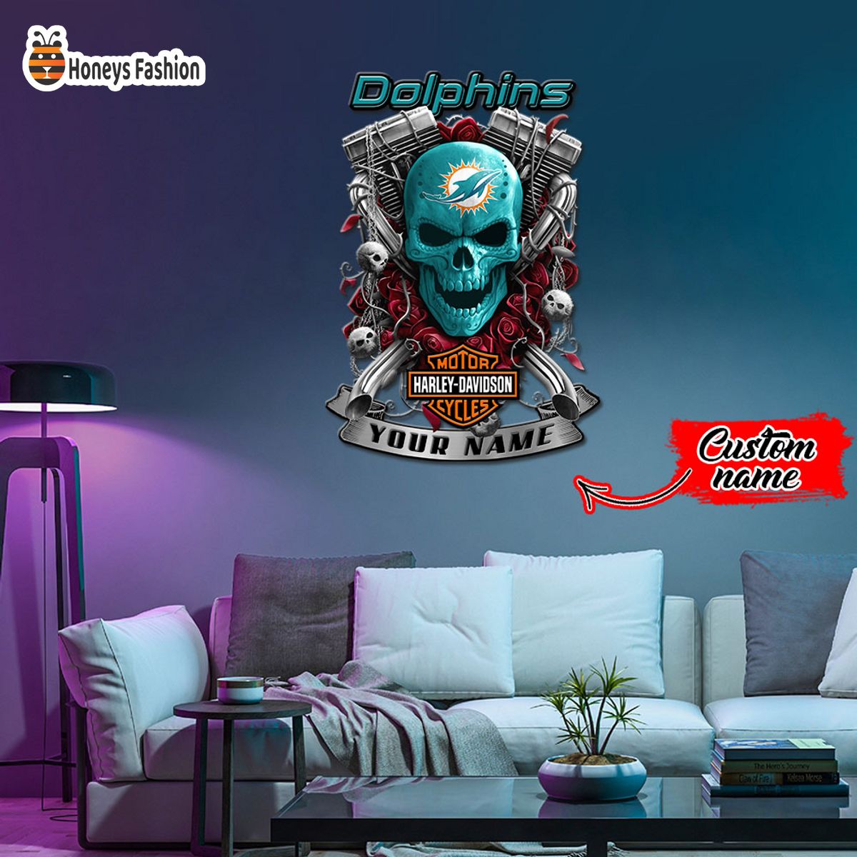 Miami Dolphins Skull Harley Davidson Custom Name Metal sign