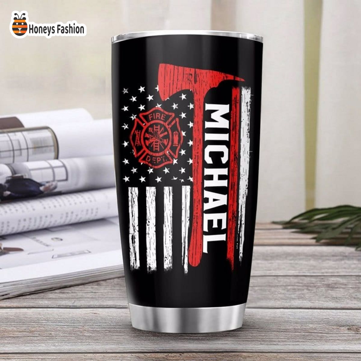 Michael Thin Red Line Firefighter Axe Flag Personalized Tumbler