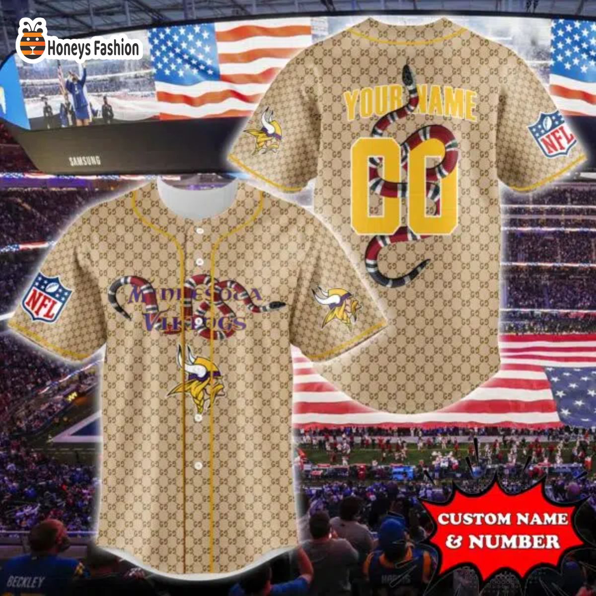 Minnesota Vikings NFL Gucci Custom Name And Number Baseball Jersey