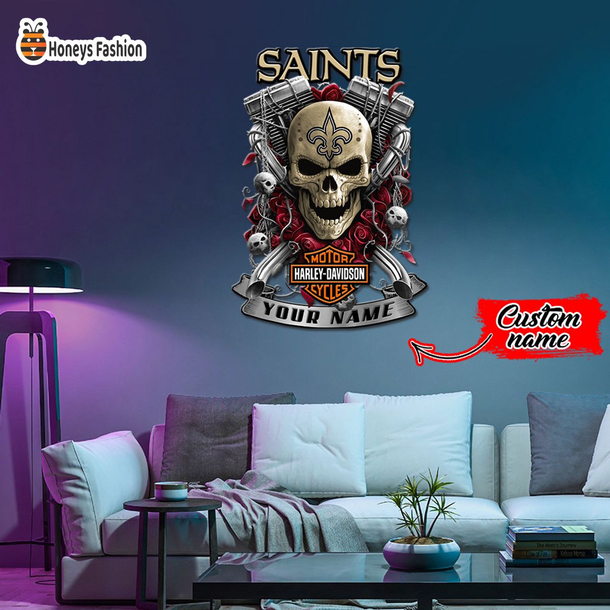 New Orleans Saints Skull Harley Davidson Custom Name Metal sign