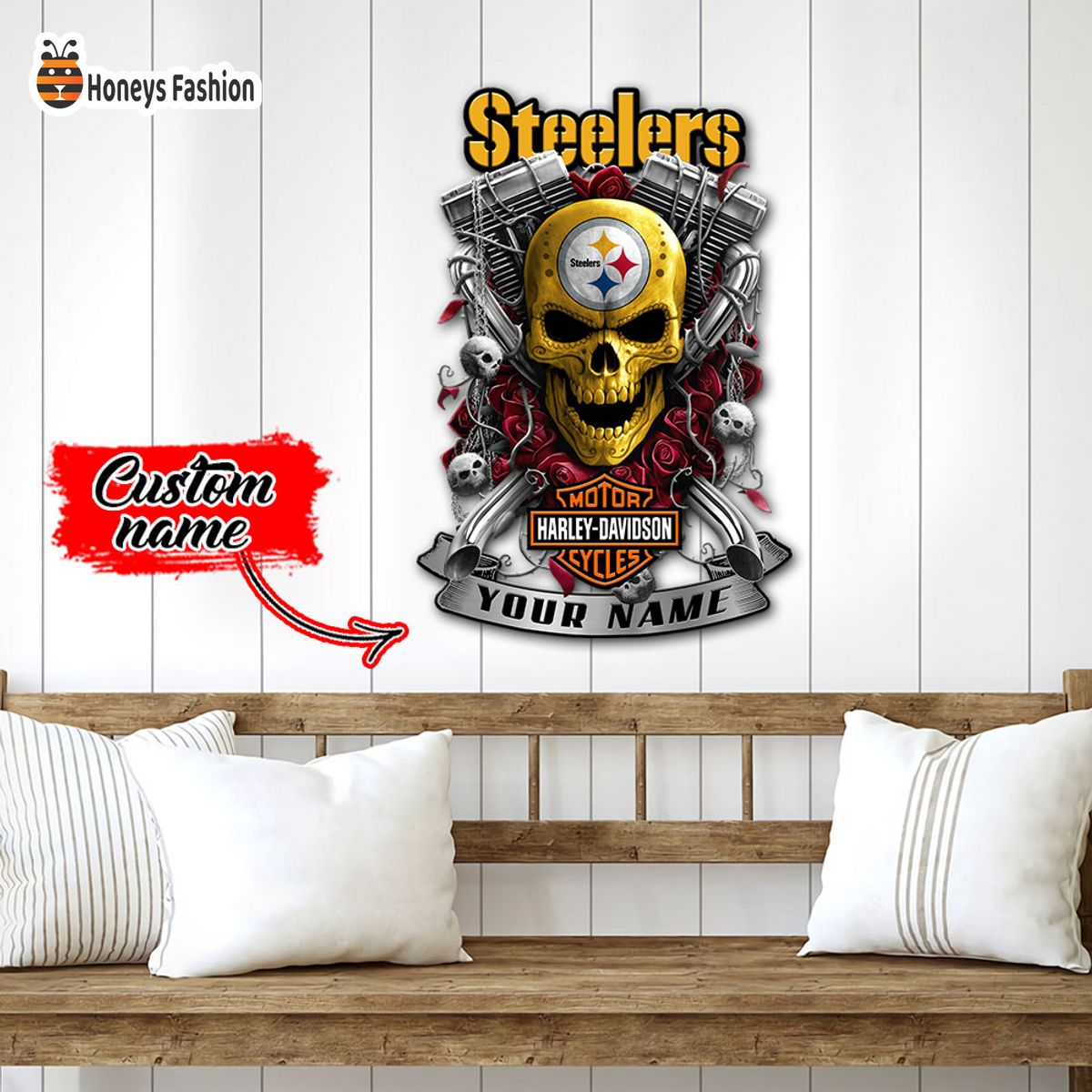 Pittsburgh Steelers Skull Harley Davidson Custom Name Metal sign