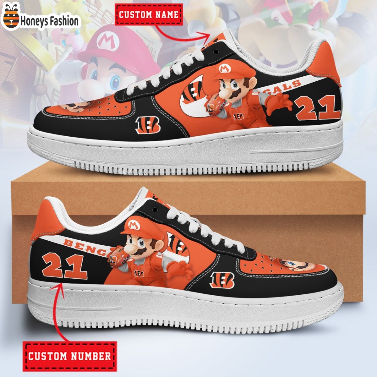 Cincinnati Bengals Mario NFL Personalized Air Force 1 Shoes