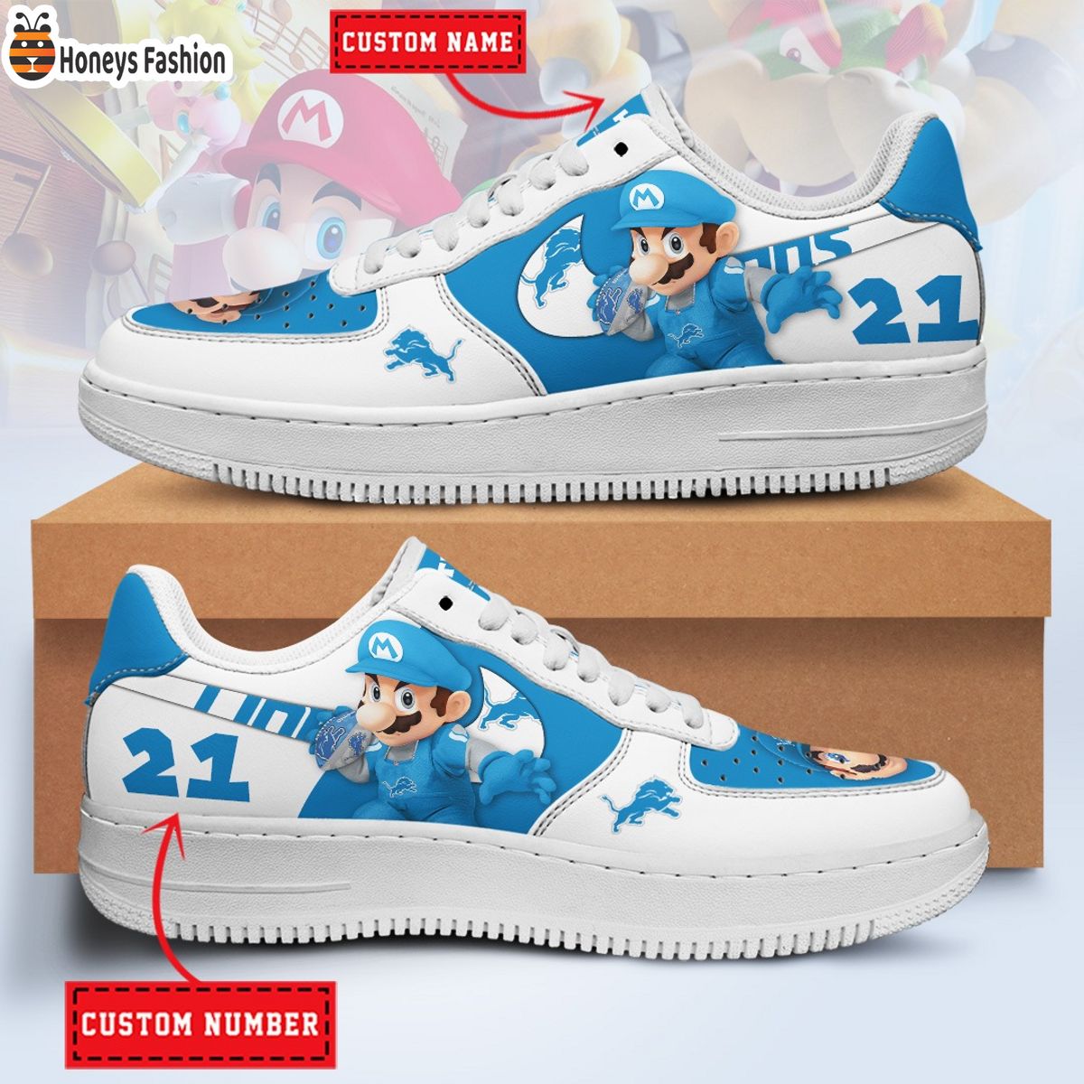 Detroit Lions Mario NFL Personalized Air Force 1 Shoes