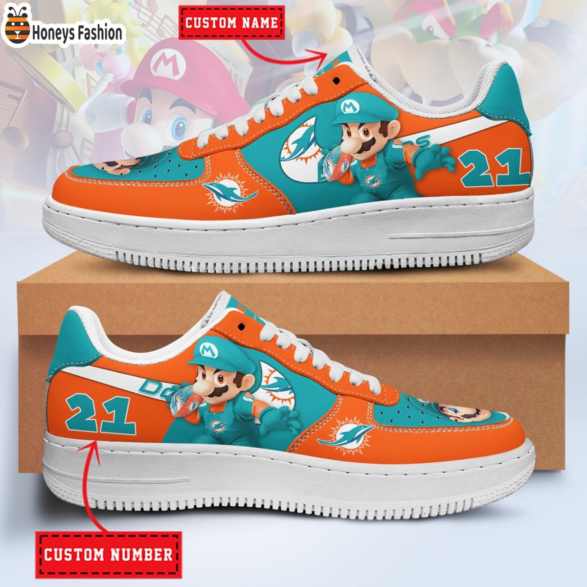 Miami Dolphins Mario NFL Personalized Air Force 1 Shoes