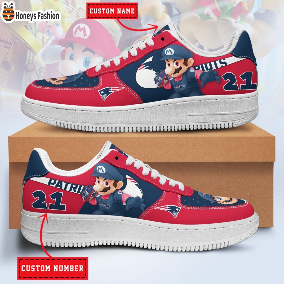 New England Patriots Mario NFL Personalized Air Force 1 Shoes