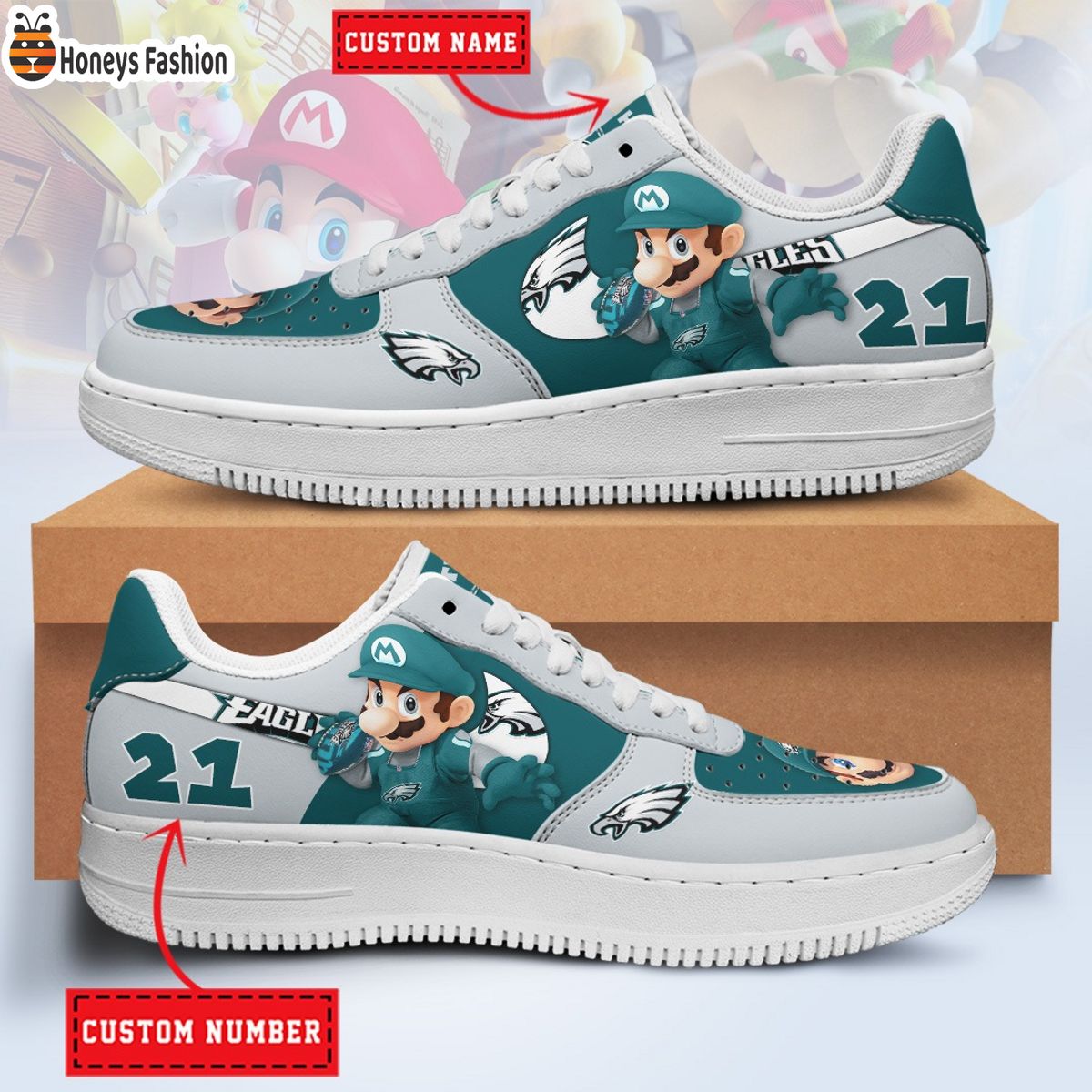 Philadelphia Eagles Mario NFL Personalized Air Force 1 Shoes