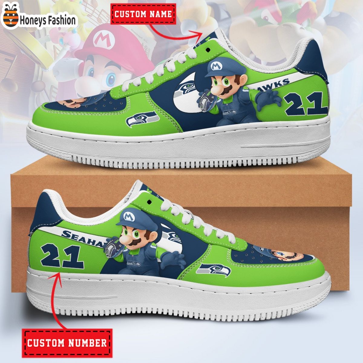 Seattle Seahawks Mario NFL Personalized Air Force 1 Shoes