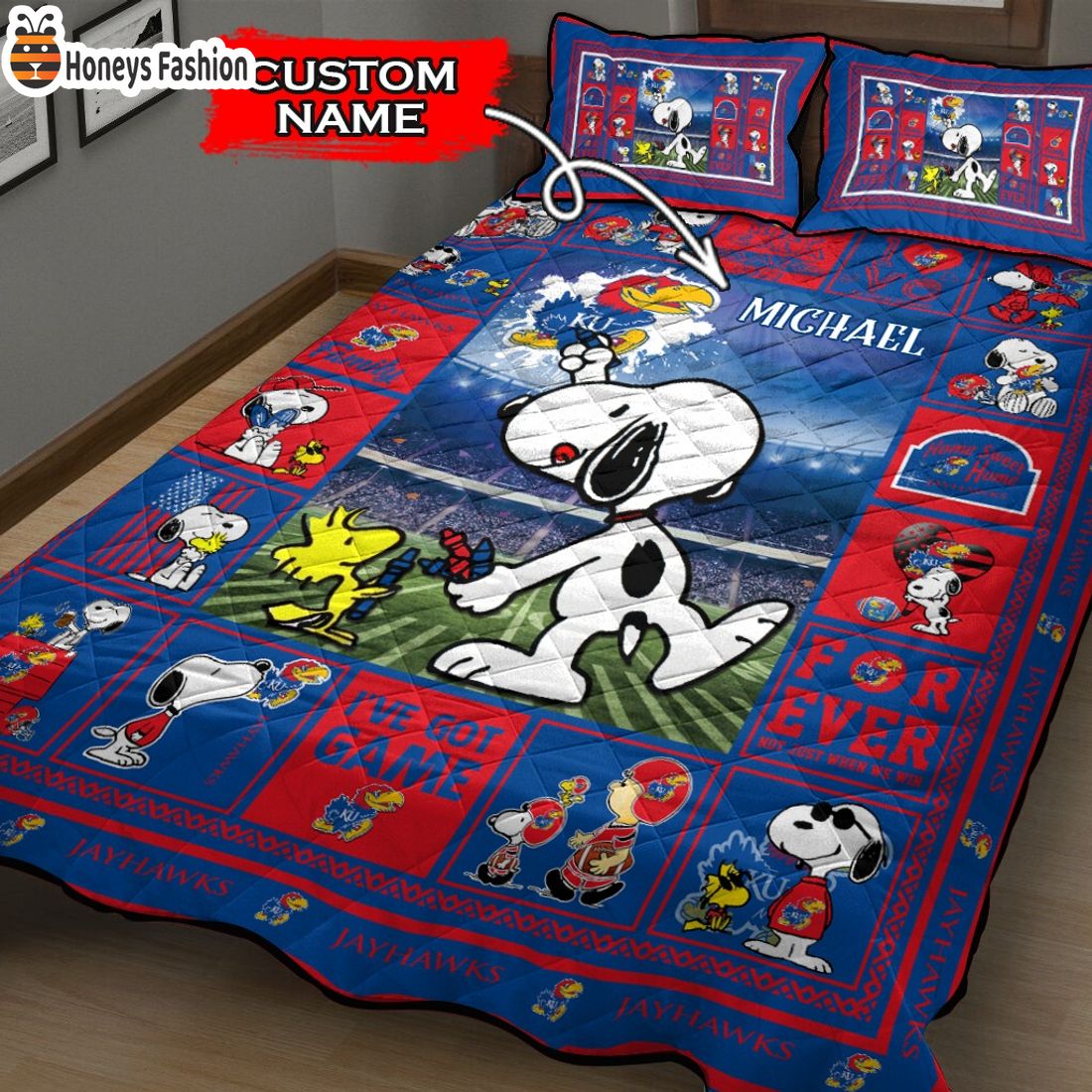 Kansas Jayhawks NCAA Snoopy Custom Name Bedding Set