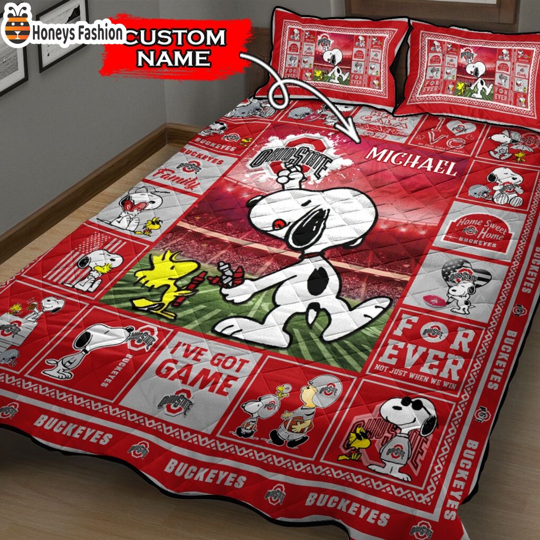Ohio State Buckeyes NCAA Snoopy Custom Name Bedding Set