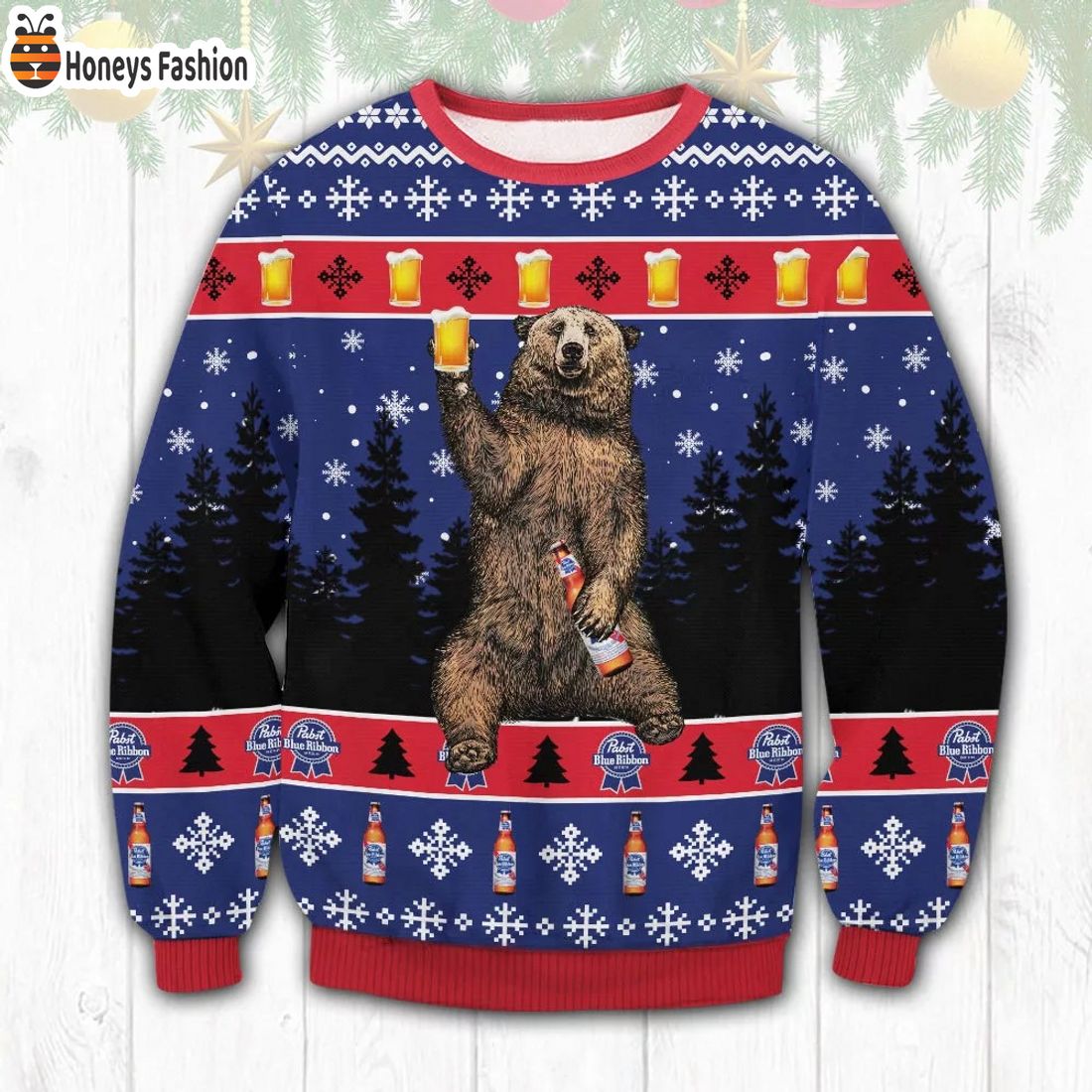 Pabst Blue Ribbon Bear Ugly Christmas Sweater