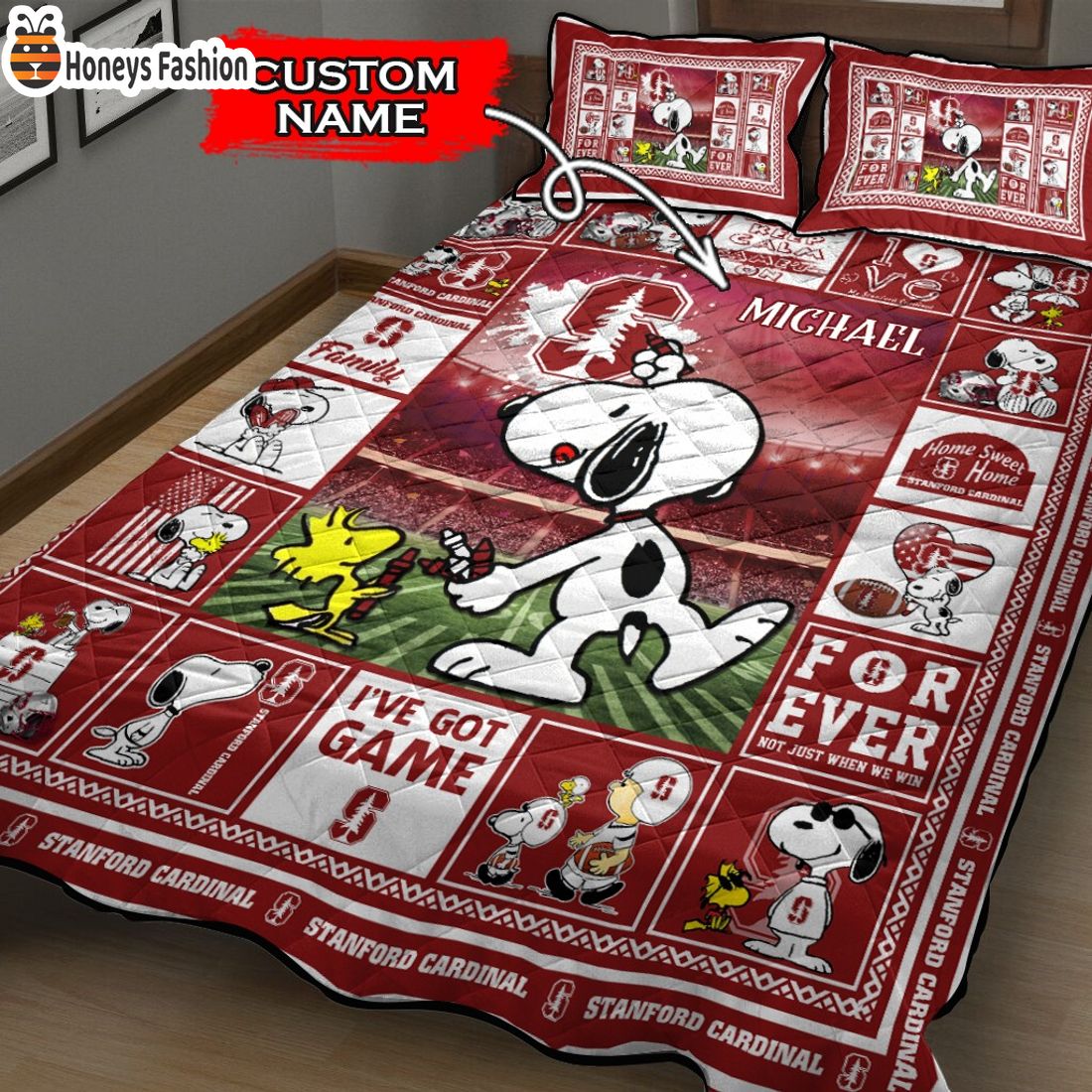 Stanford Cardinal NCAA Snoopy Custom Name Bedding Set
